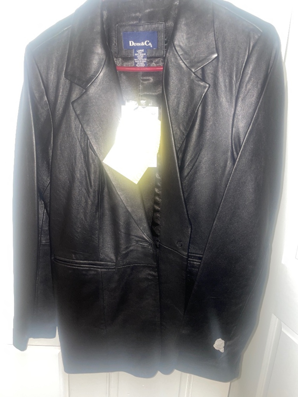 NWT Denim & Co QVC Black Genuine Leather Blazer Jacket Button Front Size L